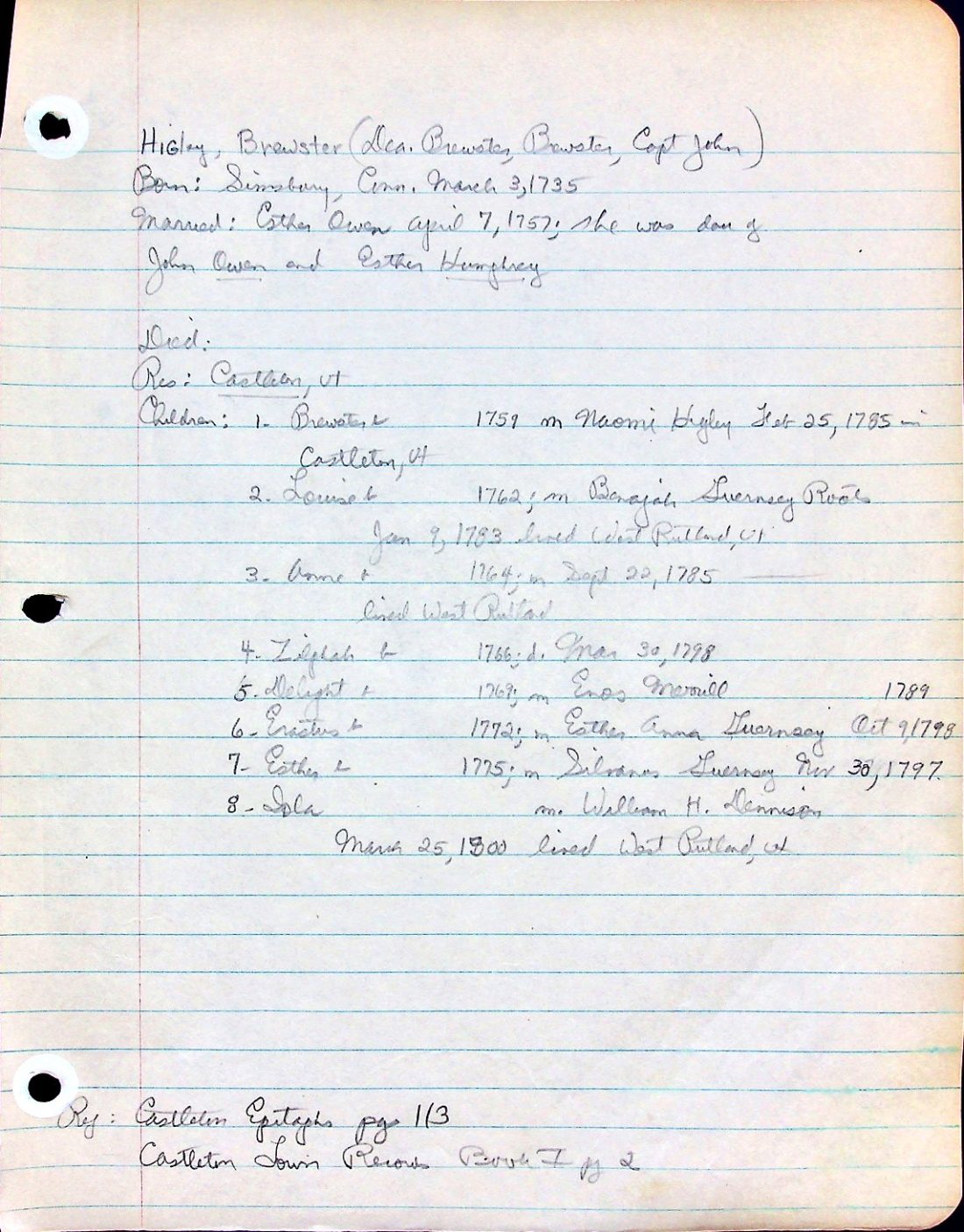 HIGLEY, Brewster (b. 1735 Conn. d. Castleton) OWEN HUMPHREY HIGLEY GUERNSEY ROOTS MERRILL DENNISON